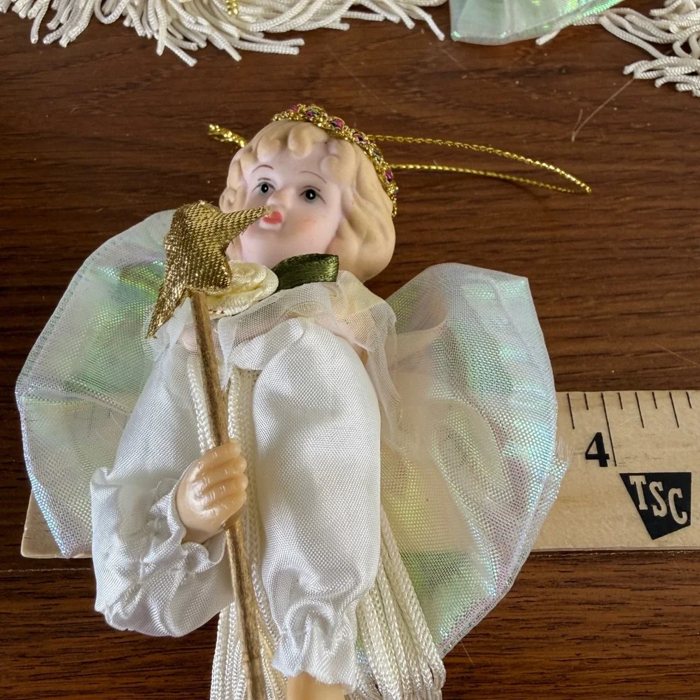 Vintage Set of 4 Porcelain Head Angel Christmas Ornaments White Tassel Star